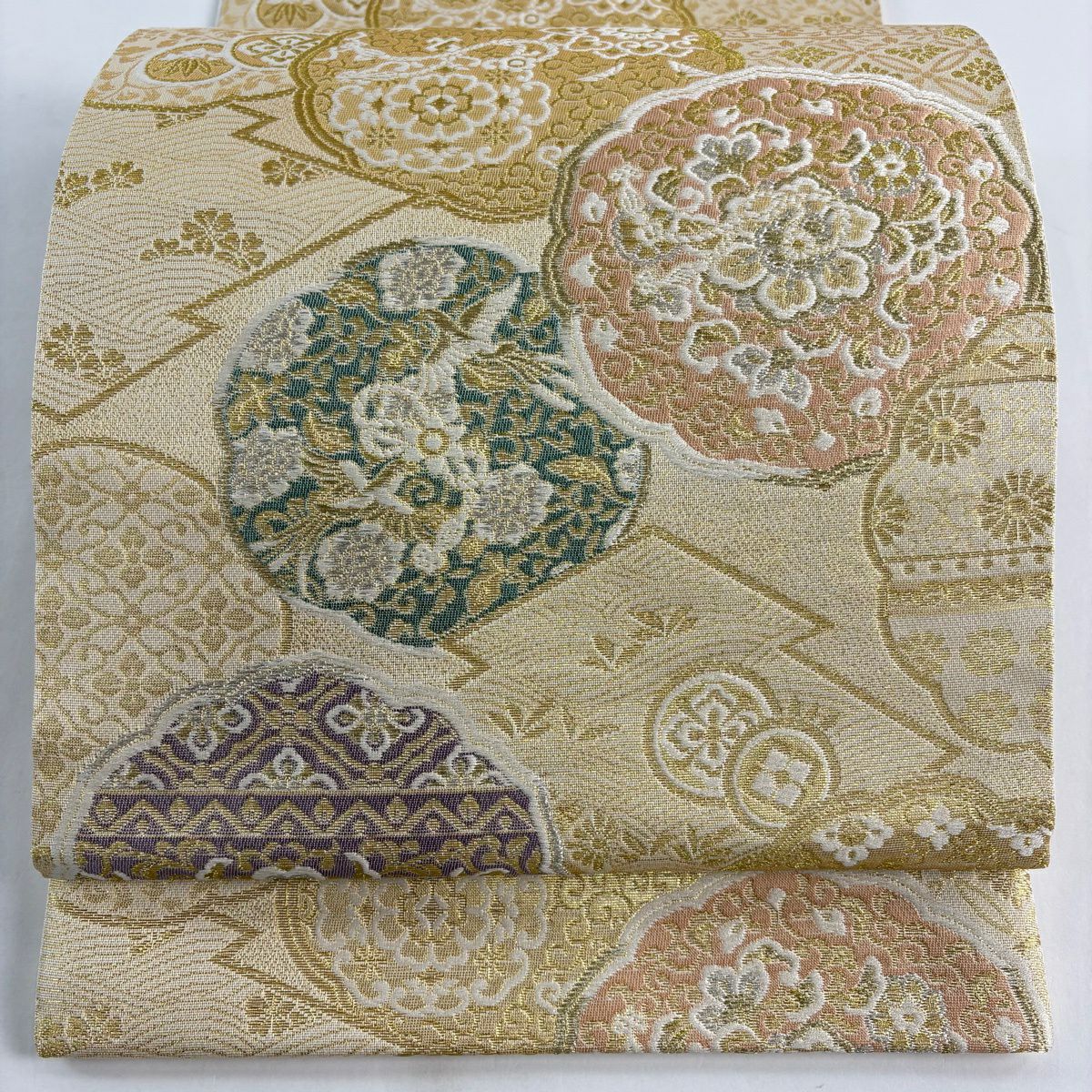 【美品】 袋帶 秀品級 鏡裏花重文 花鳥 金銀彩 金金箔 金色 六通 純蠶絲