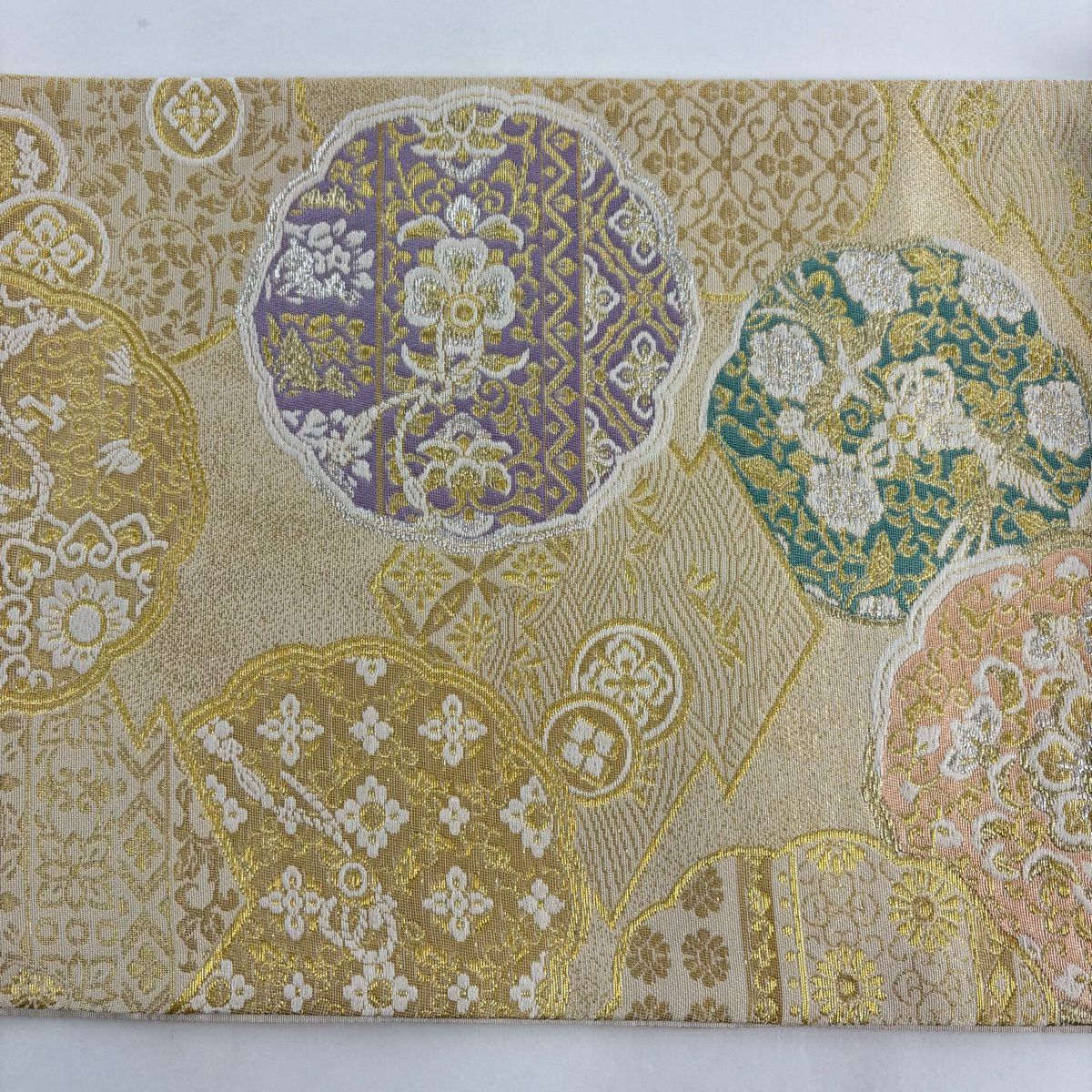 【美品】 袋帶 秀品級 鏡裏花重文 花鳥 金銀彩 金金箔 金色 六通 純蠶絲