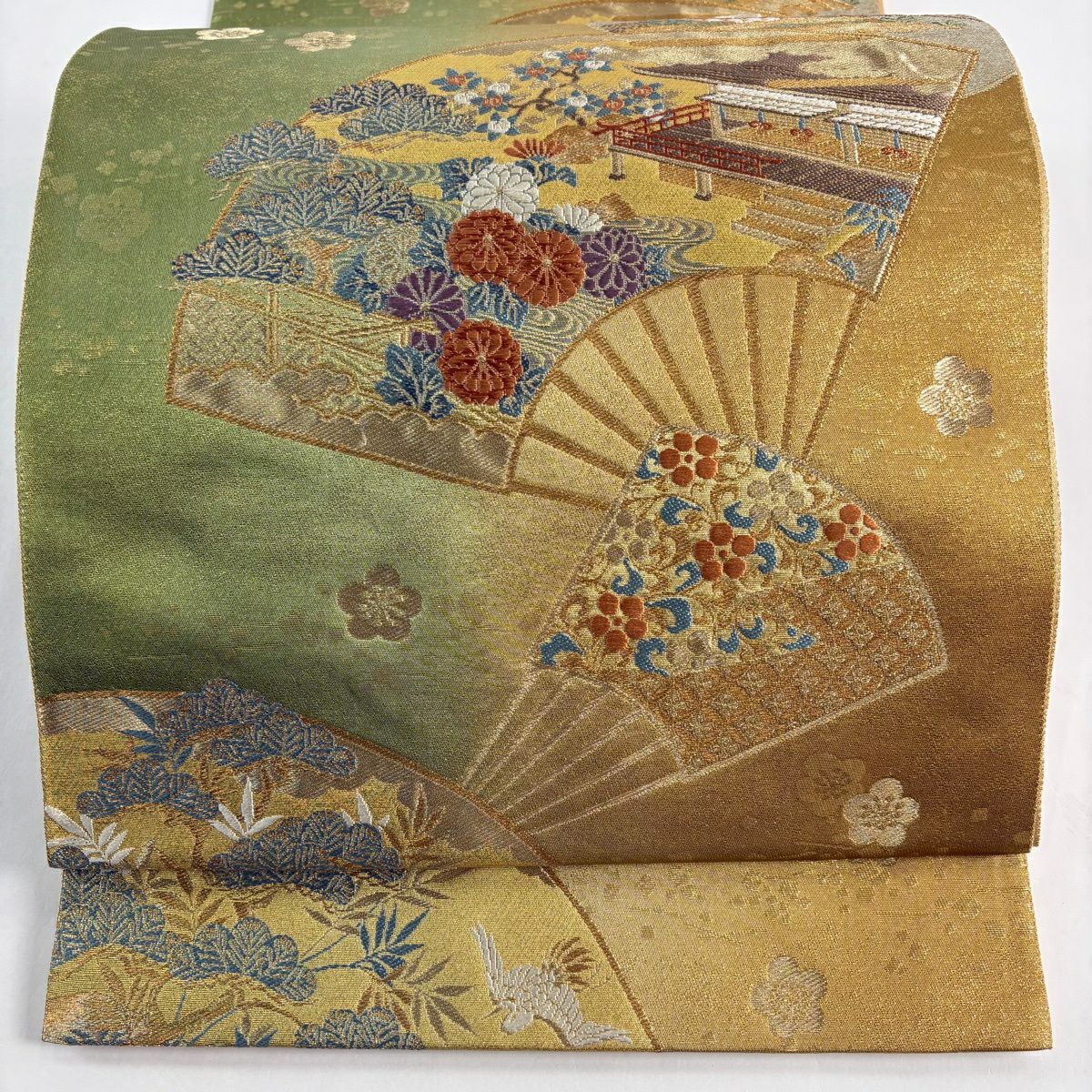 【美品】 袋帶 秀品級 扇子 松樹竹子梅花 金糸 金金箔 鶯 綠 六通 純蠶絲