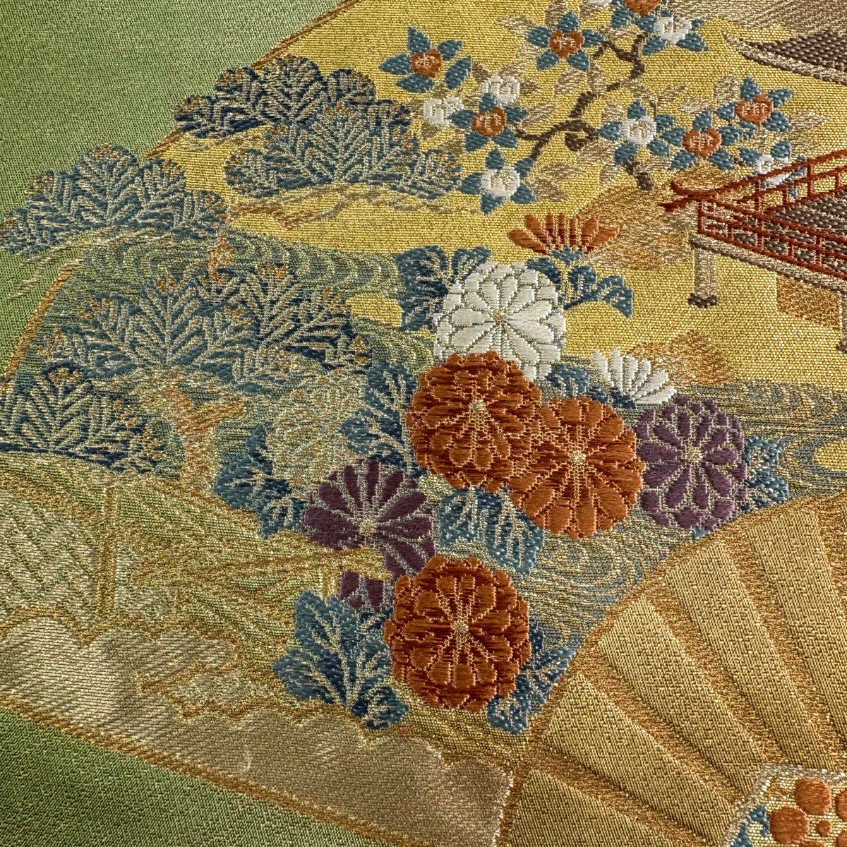 【美品】 袋帶 秀品級 扇子 松樹竹子梅花 金糸 金金箔 鶯 綠 六通 純蠶絲