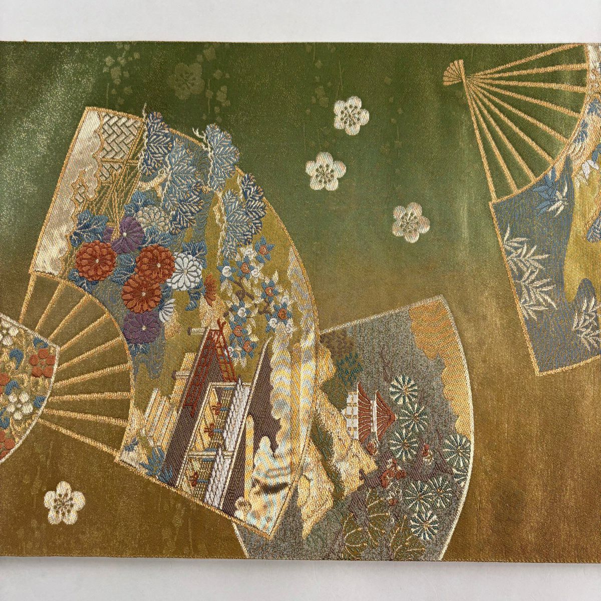 【美品】 袋帶 秀品級 扇子 松樹竹子梅花 金糸 金金箔 鶯 綠 六通 純蠶絲
