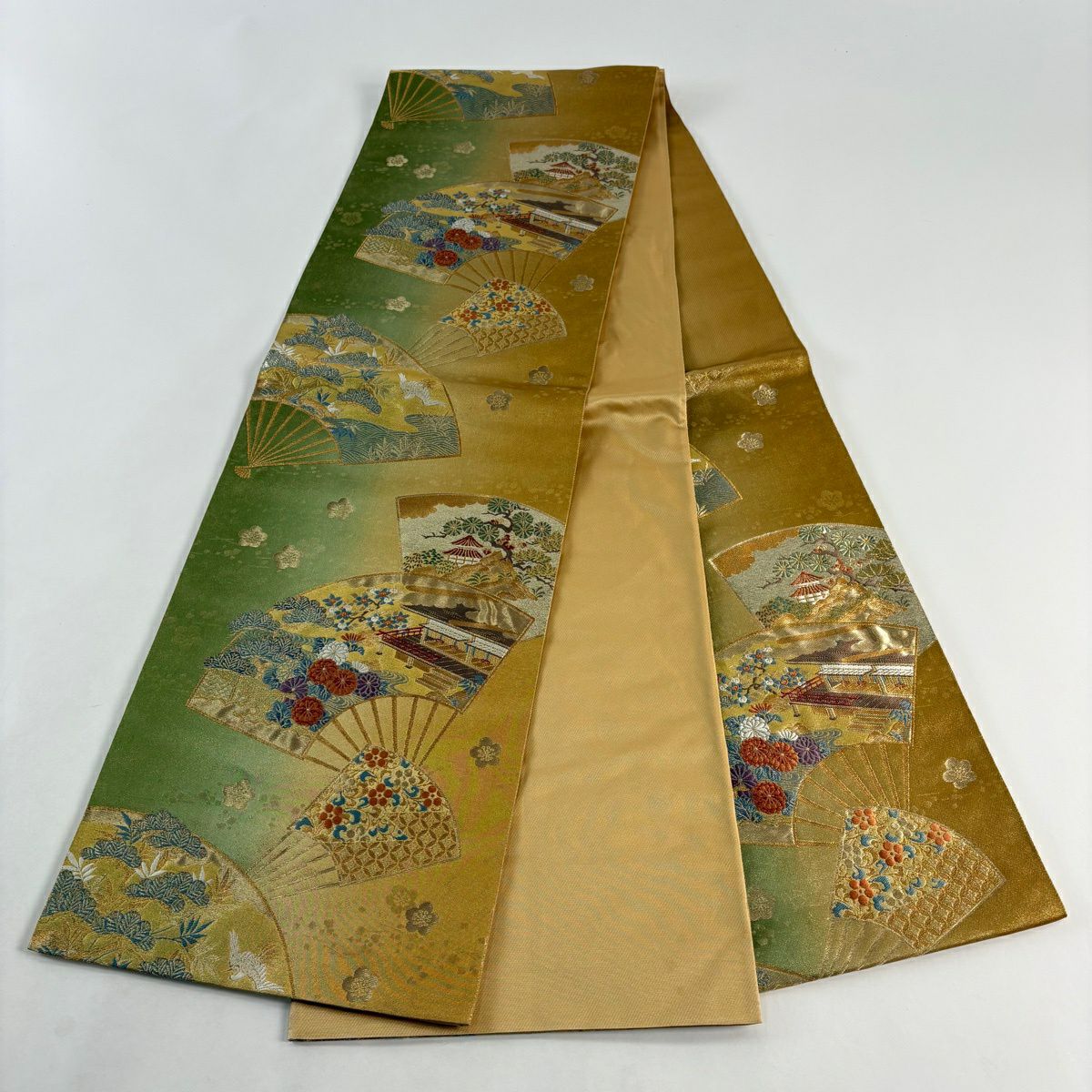 【美品】 袋帶 秀品級 扇子 松樹竹子梅花 金糸 金金箔 鶯 綠 六通 純蠶絲