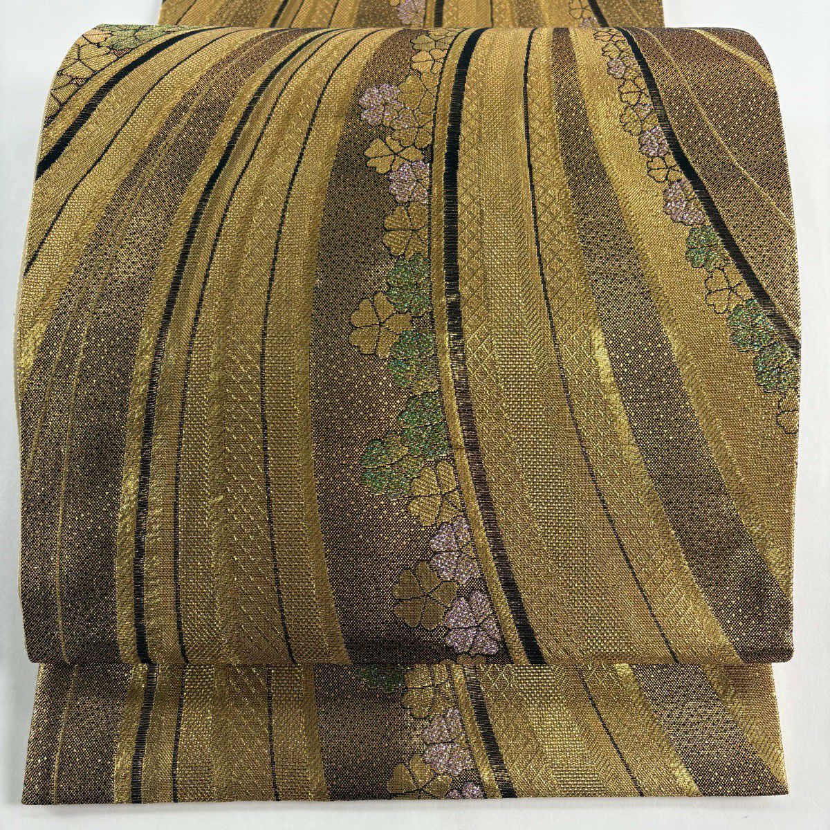 【美品】 袋帶 秀品級 花 流水 金絲 金金箔 金色 六通 純蠶絲