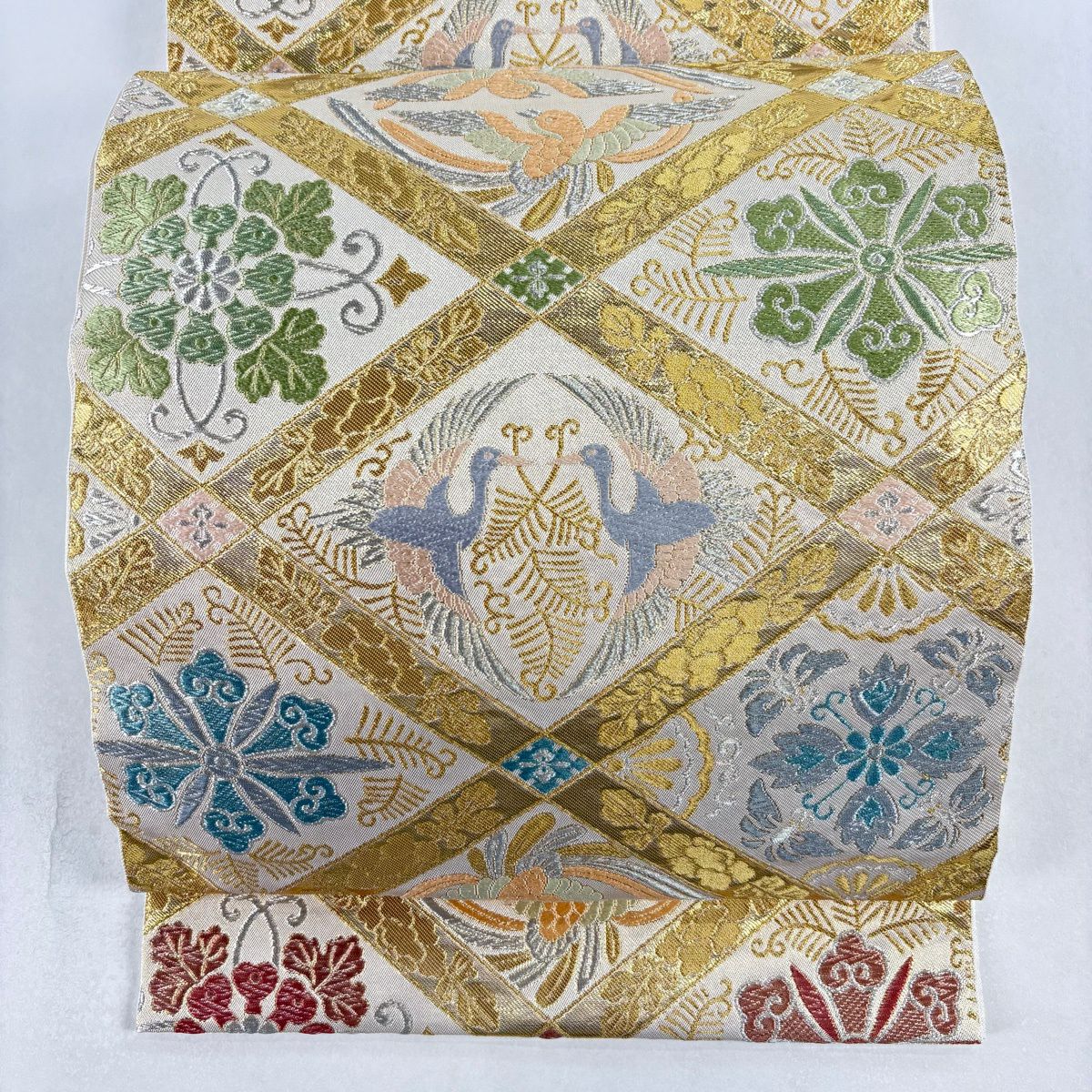 【美品】 袋帶 名品級 向鳥葉紋 金銀絲 唐織 米色 六通 純蠶絲