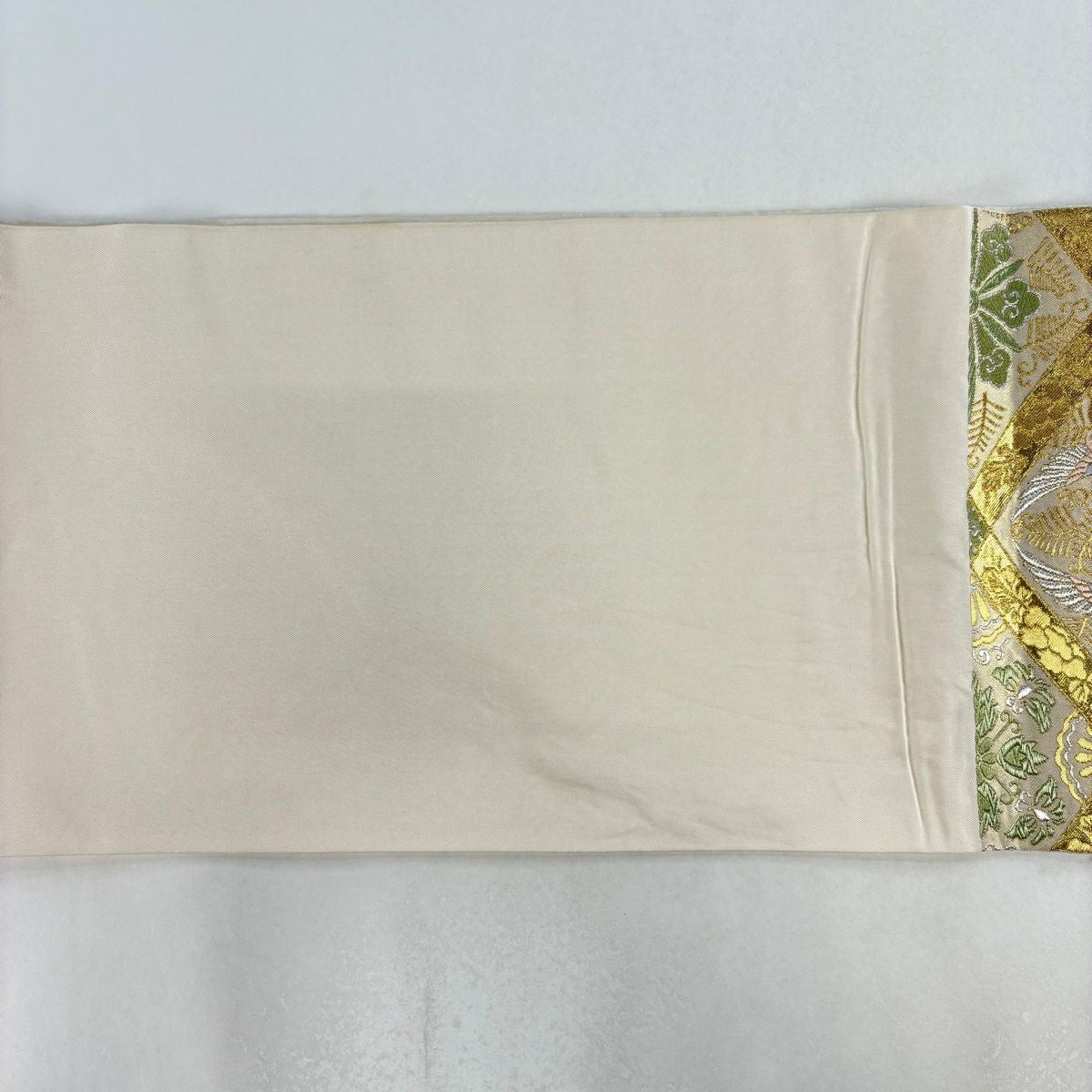 【美品】 袋帶 名品級 向鳥葉紋 金銀絲 唐織 米色 六通 純蠶絲