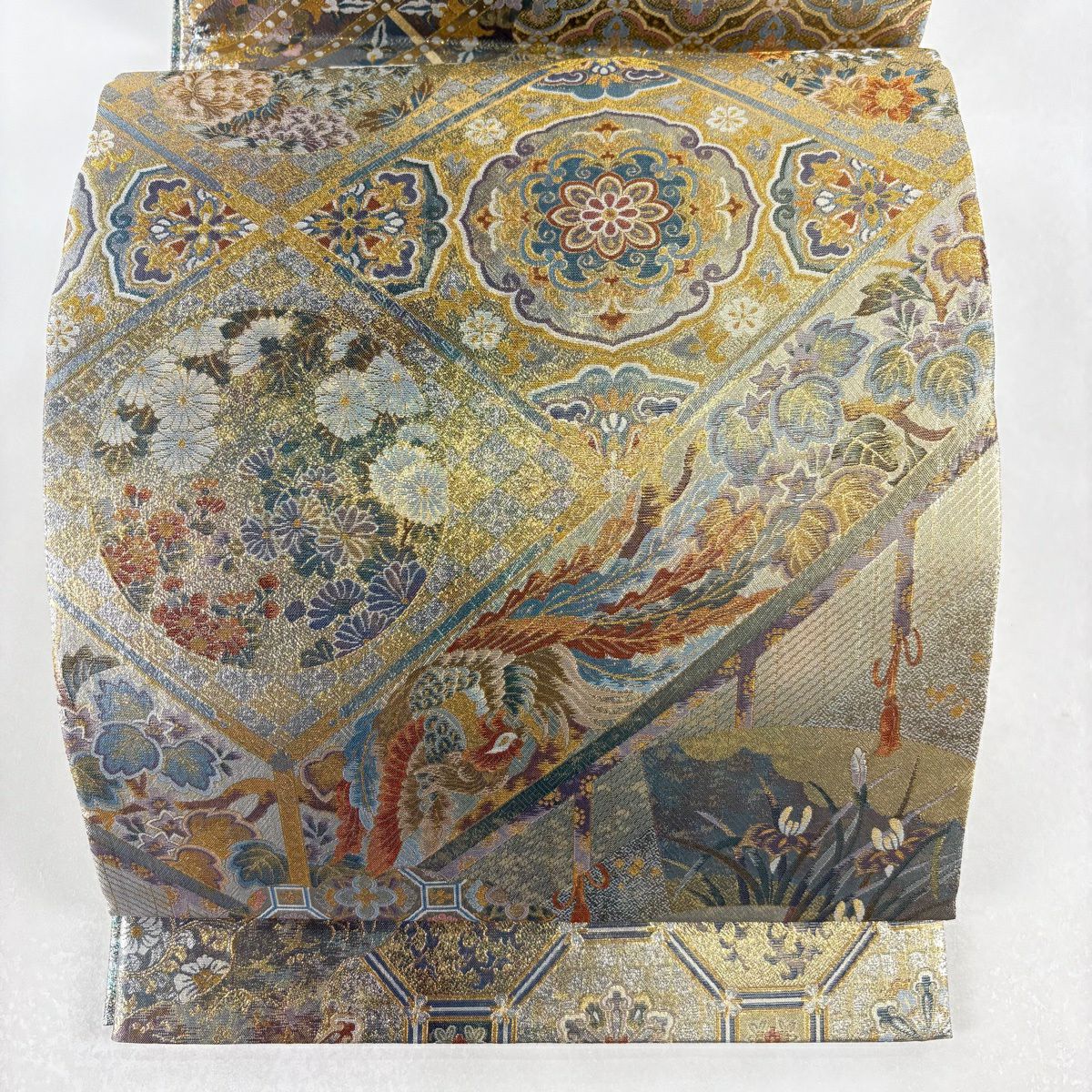 【美品】 袋帶 名品級 古都之名寶 古都之名勝 雙面 鳳凰 華紋 金金箔 金茶 全通 純蠶絲