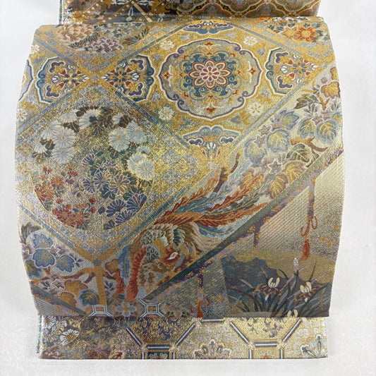 【美品】 袋帶 名品級 古都之名寶 古都之名勝 雙面 鳳凰 華紋 金金箔 金茶 全通 純蠶絲