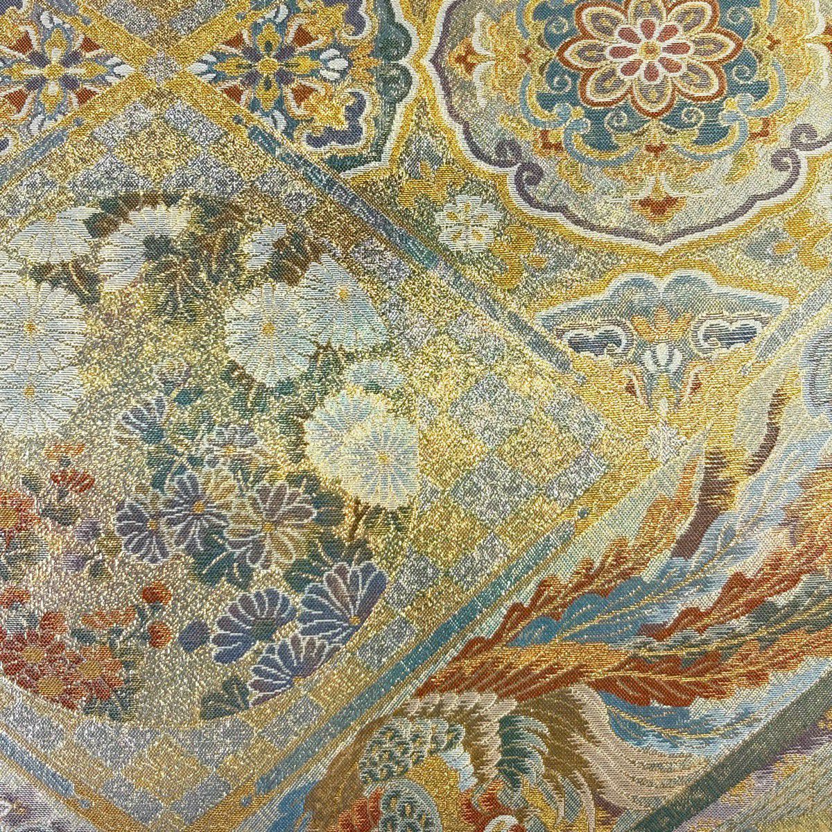 【美品】 袋帶 名品級 古都之名寶 古都之名勝 雙面 鳳凰 華紋 金金箔 金茶 全通 純蠶絲