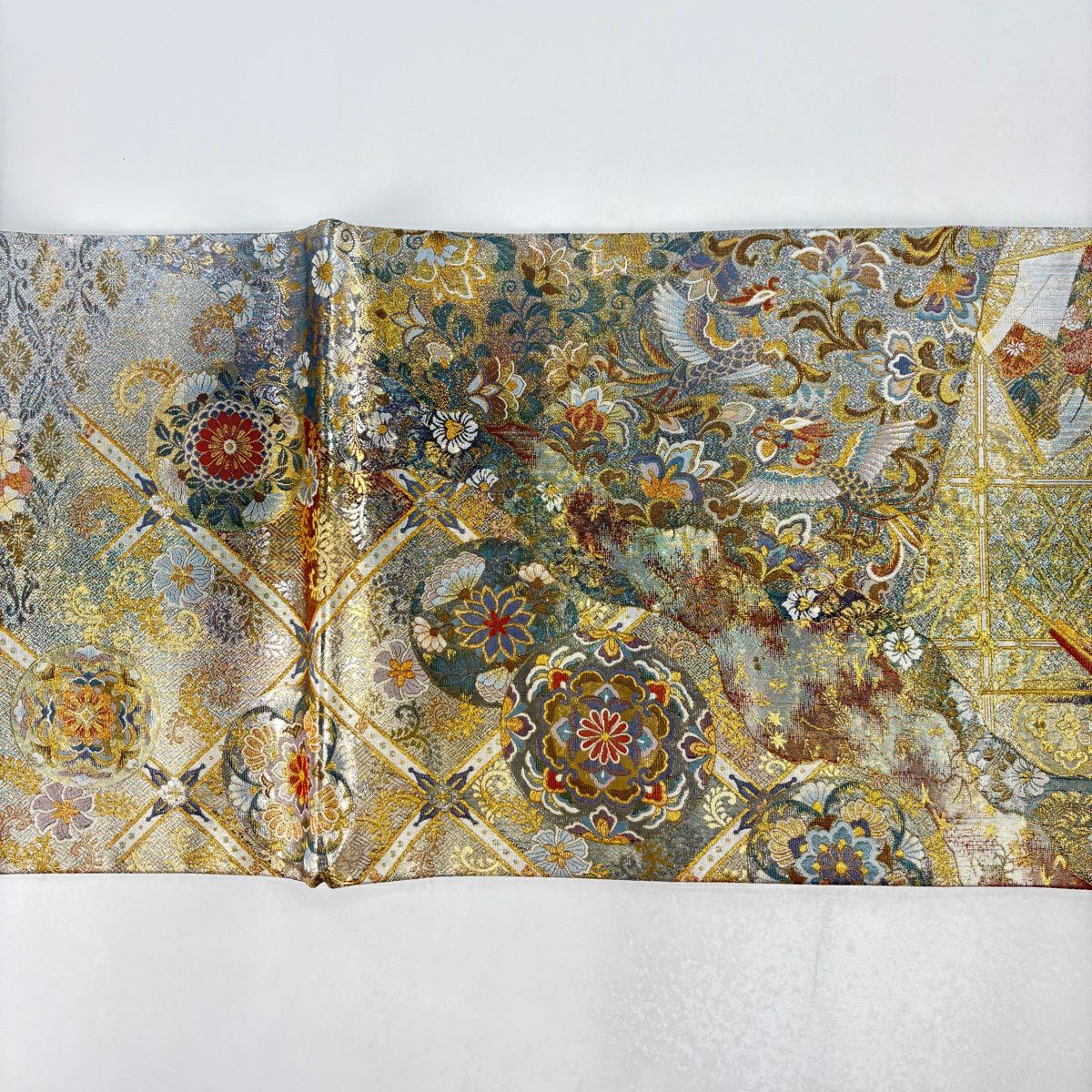 【美品】 袋帶 名品級 古都之名寶 古都之名勝 雙面 鳳凰 華紋 金金箔 金茶 全通 純蠶絲