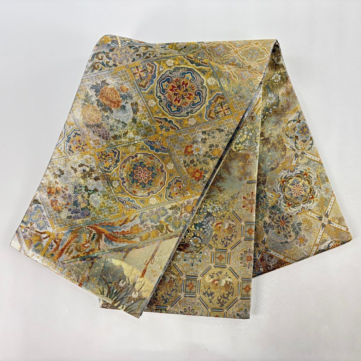 【美品】 袋帶 名品級 古都之名寶 古都之名勝 雙面 鳳凰 華紋 金金箔 金茶 全通 純蠶絲