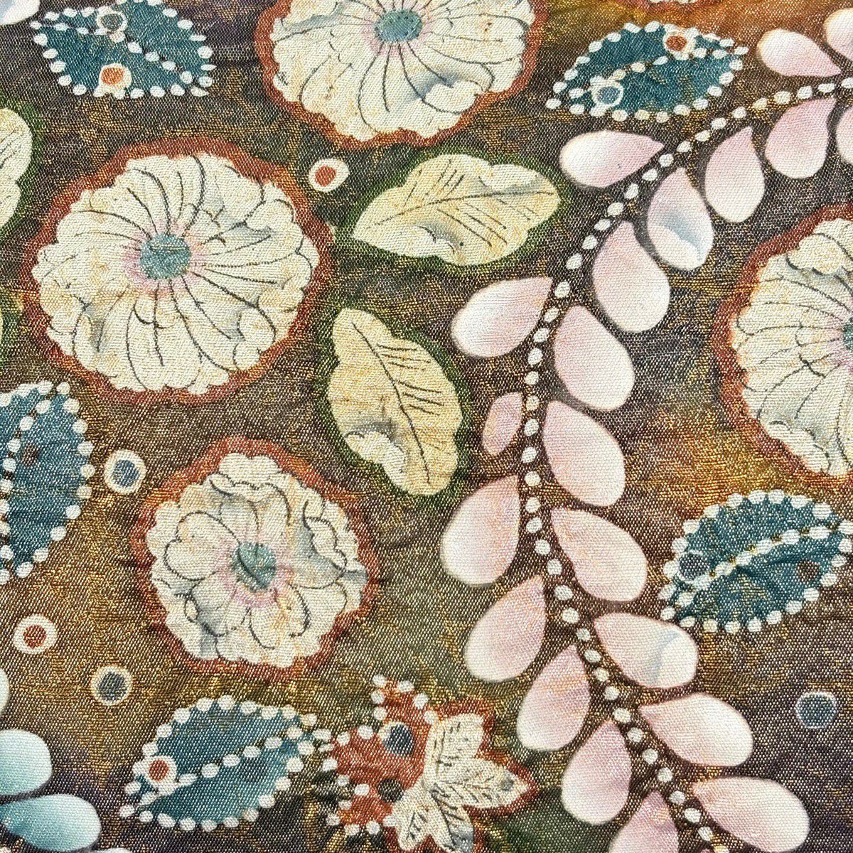 【美品】 袋帶 名品級 落款あり 辻花染 金金箔 鶯色 お太鼓柄 純蠶絲
