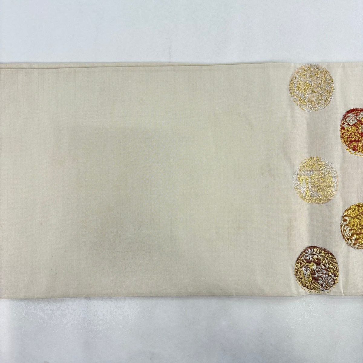 袋帶 名品級 祥園 有落款 花鳥 圓文 金銀絲 米色 六通 純蠶絲