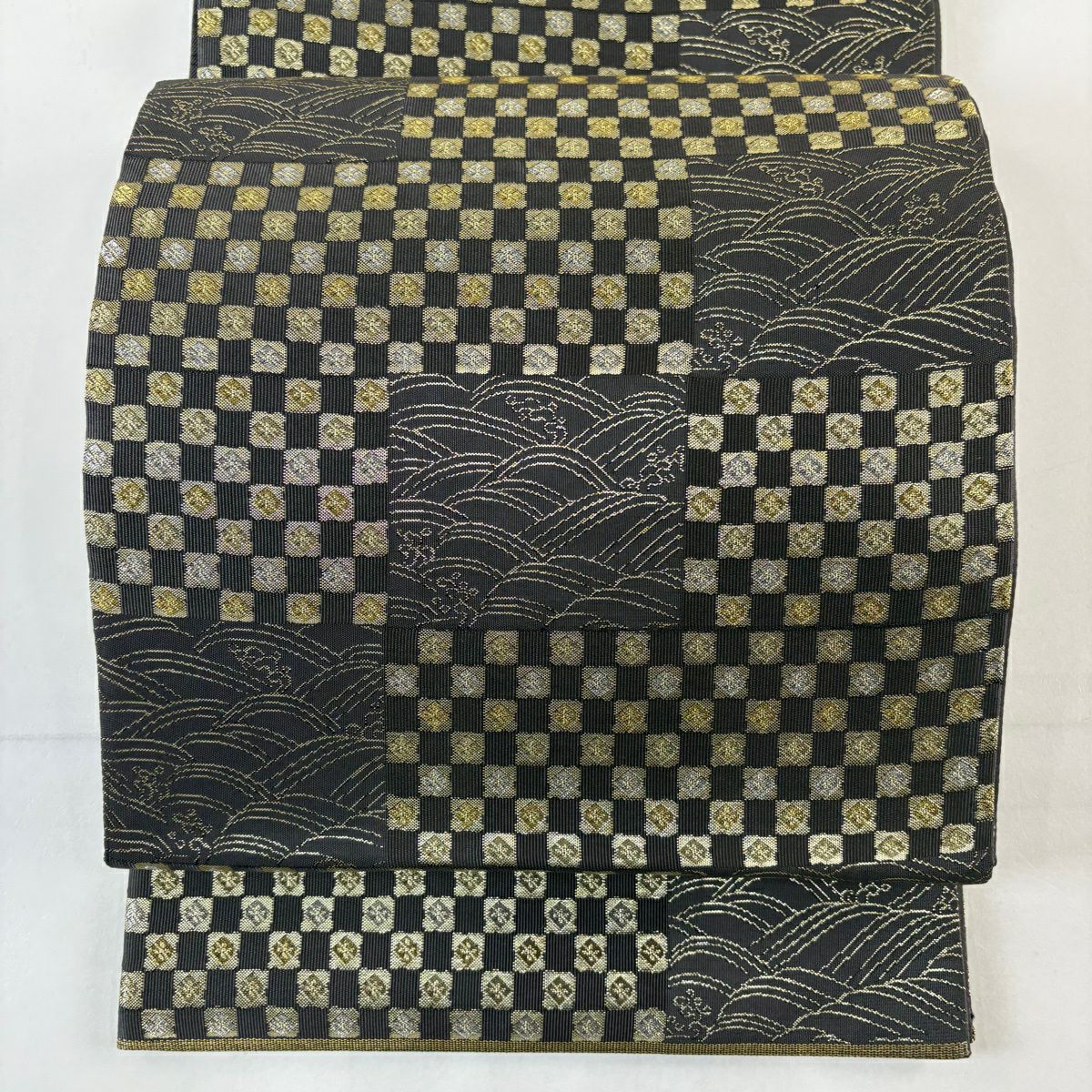 【美品】 袋帶 名品級 落款あり 波頭 市松樹 金銀絲 金金箔 灰色 六通 純蠶絲