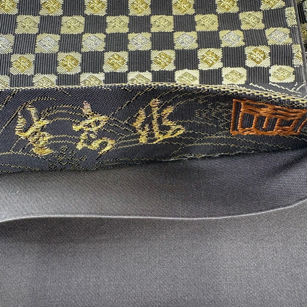【美品】 袋帶 名品級 落款あり 波頭 市松樹 金銀絲 金金箔 灰色 六通 純蠶絲