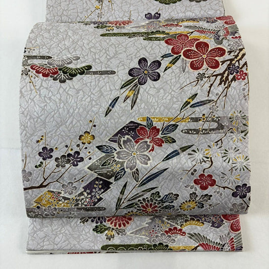 袋帶 名品級 松樹梅花 花鳥 銀線 灰 深藍 六通 純蠶絲