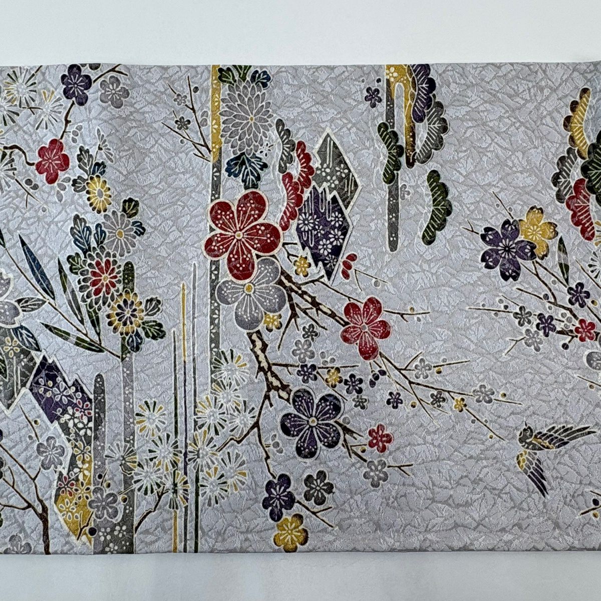 袋帶 名品級 松樹梅花 花鳥 銀線 灰 深藍 六通 純蠶絲