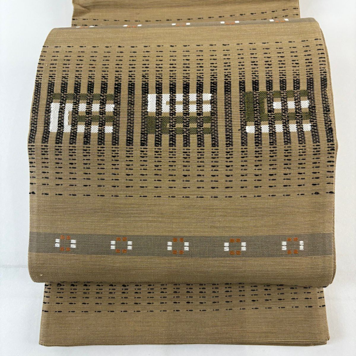 【美品】 袋帶 名品級 條紋 幾何圖案 米色 大鼓圖案 純蠶絲