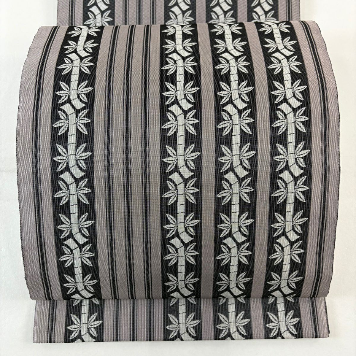 【美品】 袋帶 名品級 落款あり 竹子 縞 灰紫 全通 純蠶絲