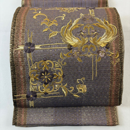 【美品】 袋帶 名品級 向鳥 華紋 金絲 刺繡 灰紫 お太鼓圖案 純蠶絲