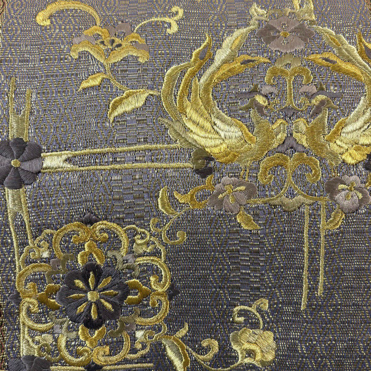 【美品】 袋帶 名品級 向鳥 華紋 金絲 刺繡 灰紫 お太鼓圖案 純蠶絲