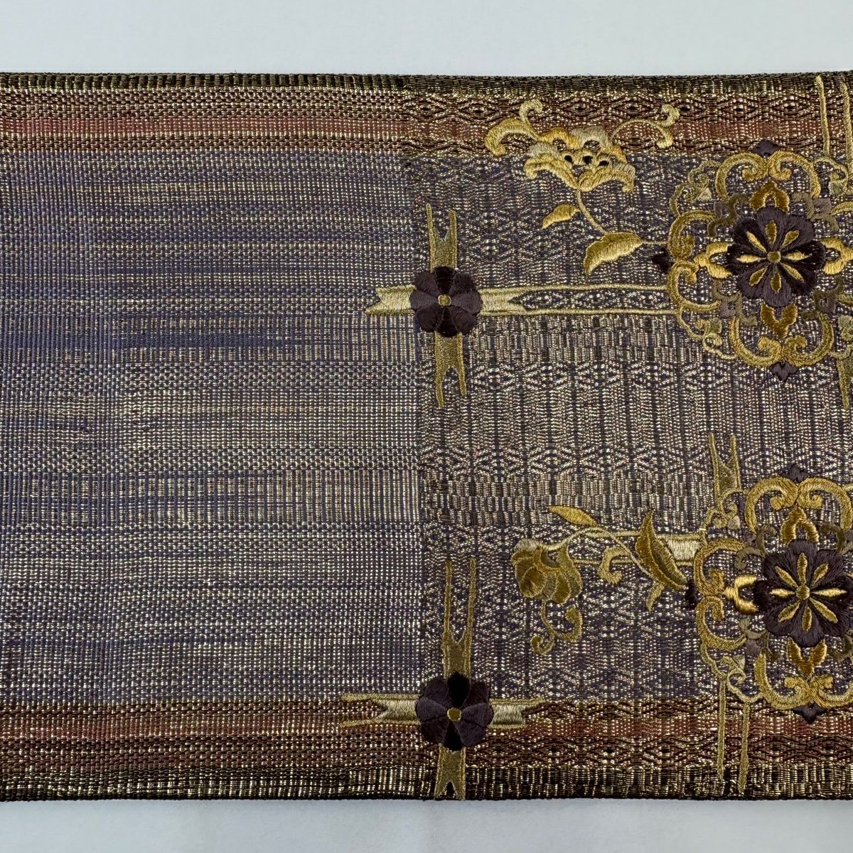 【美品】 袋帶 名品級 向鳥 華紋 金絲 刺繡 灰紫 お太鼓圖案 純蠶絲