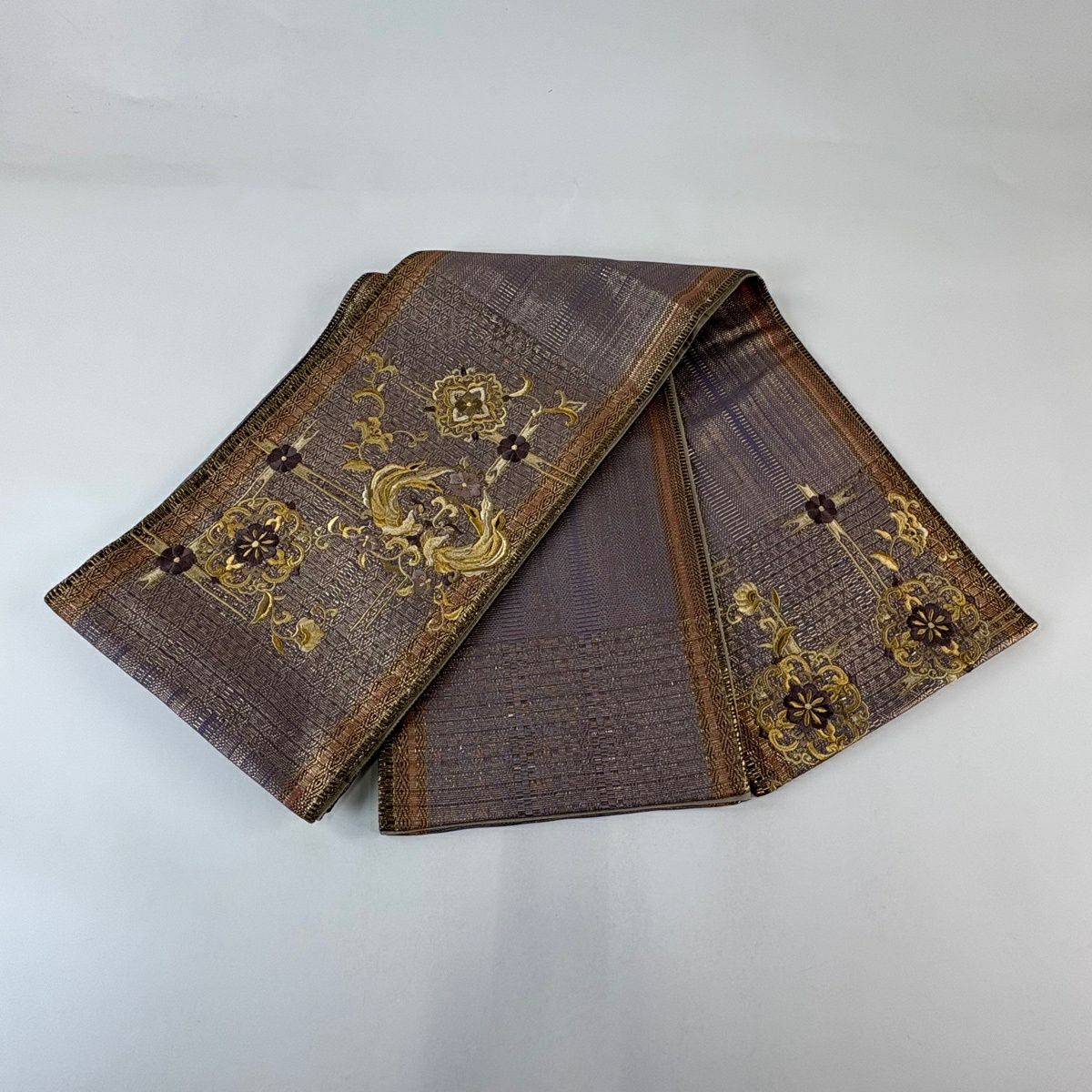 【美品】 袋帶 名品級 向鳥 華紋 金絲 刺繡 灰紫 お太鼓圖案 純蠶絲