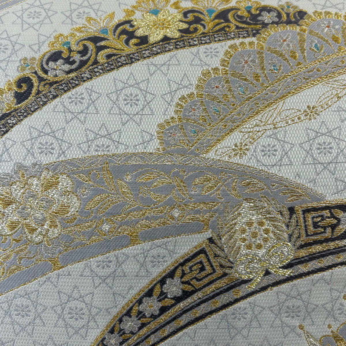 【美品】 袋帶 名品級 花唐草紋 幾何學 金銀彩 金金箔 灰 深藍 六通 純蠶絲