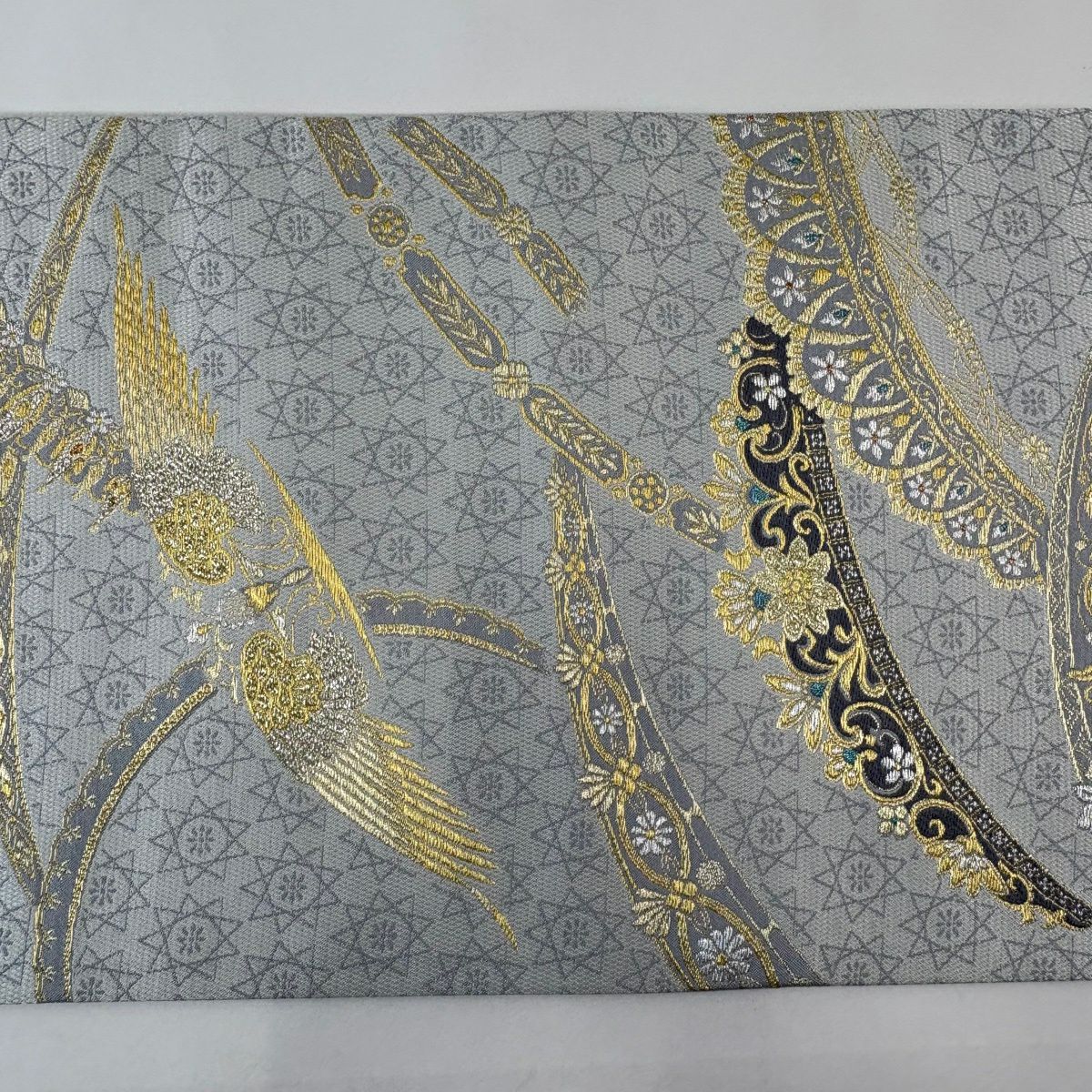 【美品】 袋帶 名品級 花唐草紋 幾何學 金銀彩 金金箔 灰 深藍 六通 純蠶絲