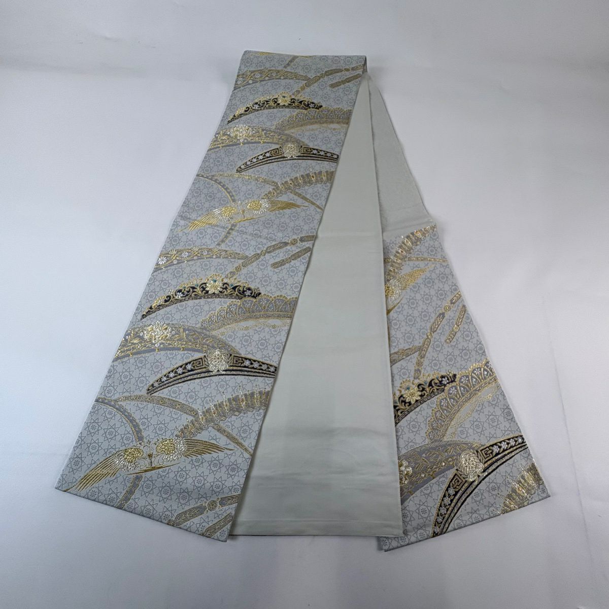 【美品】 袋帶 名品級 花唐草紋 幾何學 金銀彩 金金箔 灰 深藍 六通 純蠶絲