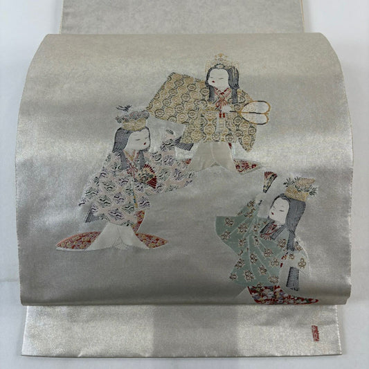 【美品】 袋帶 名品級 加納幸 落款あり 瀞金錦 童 銀色 お太鼓柄 純蠶絲