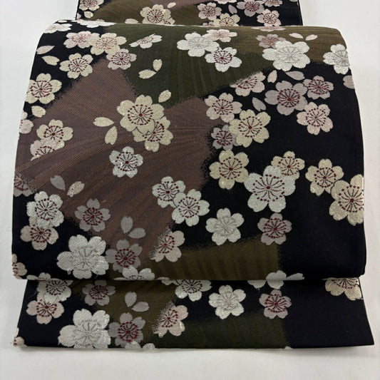 袋帶 名品級 有落款 こむさでもーど 櫻花 黑 六通 純蠶絲