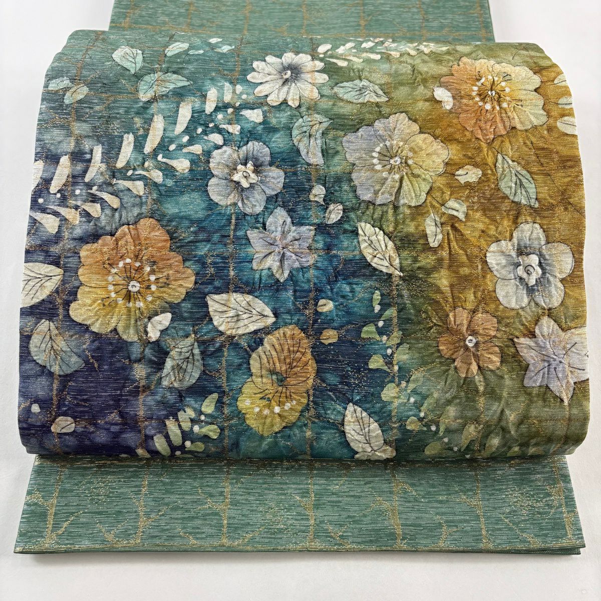 【美品】 袋帶 名品級 草花紋紋 金金箔 灰綠色 お太鼓圖案 純蠶絲