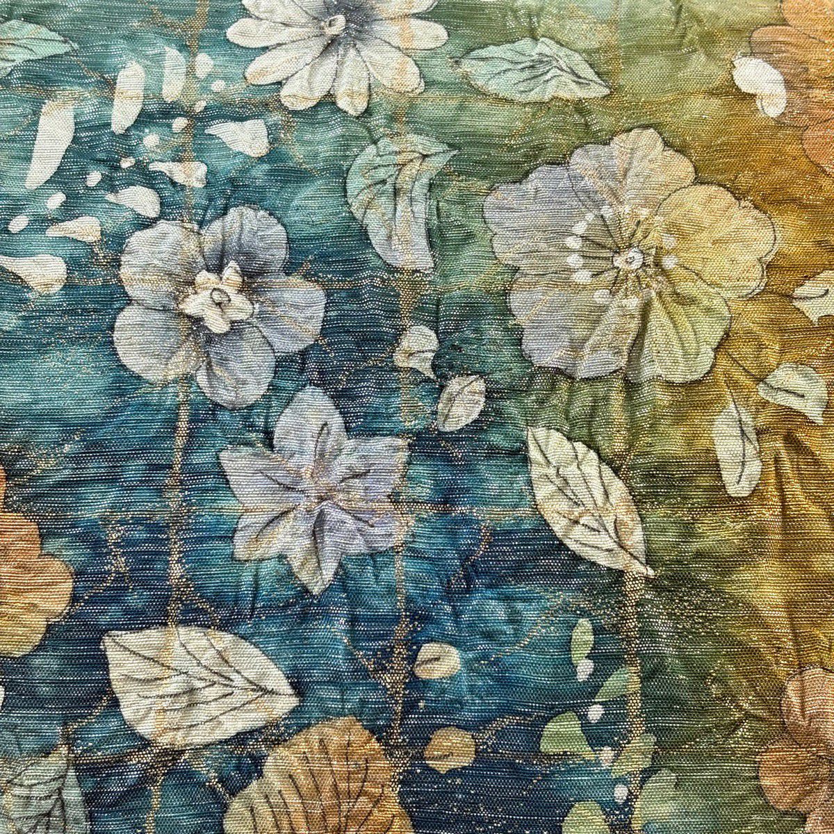 【美品】 袋帶 名品級 草花紋紋 金金箔 灰綠色 お太鼓圖案 純蠶絲