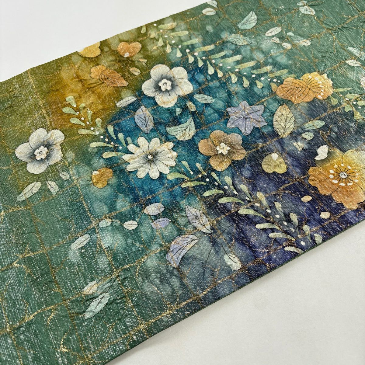 【美品】 袋帶 名品級 草花紋紋 金金箔 灰綠色 お太鼓圖案 純蠶絲
