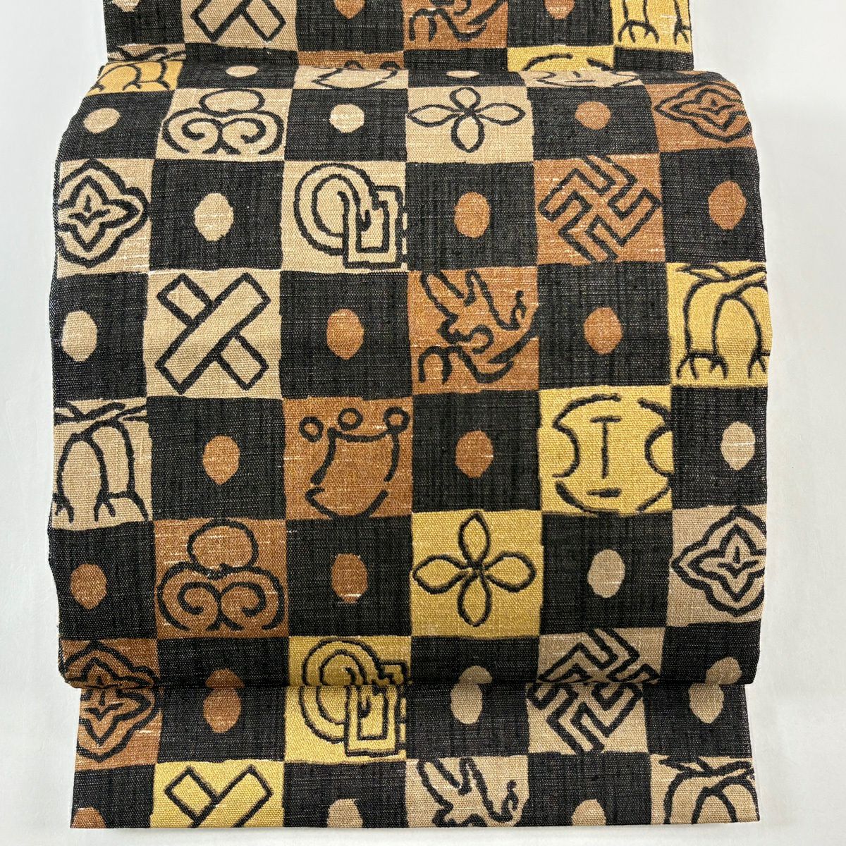 【美品】 袋帶 名品級 落款あり 市松樹 幾何學 銀糸 墨 全通 純蠶絲