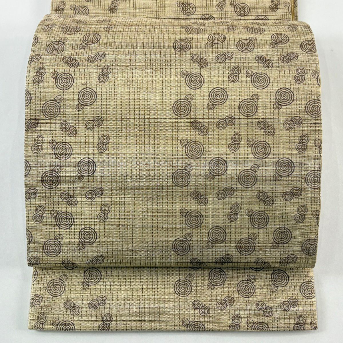 【美品】 袋帶 名品級 證書齊全 柿渋染 渦卷紋 縞紋 金絲 米色 全通 純蠶絲