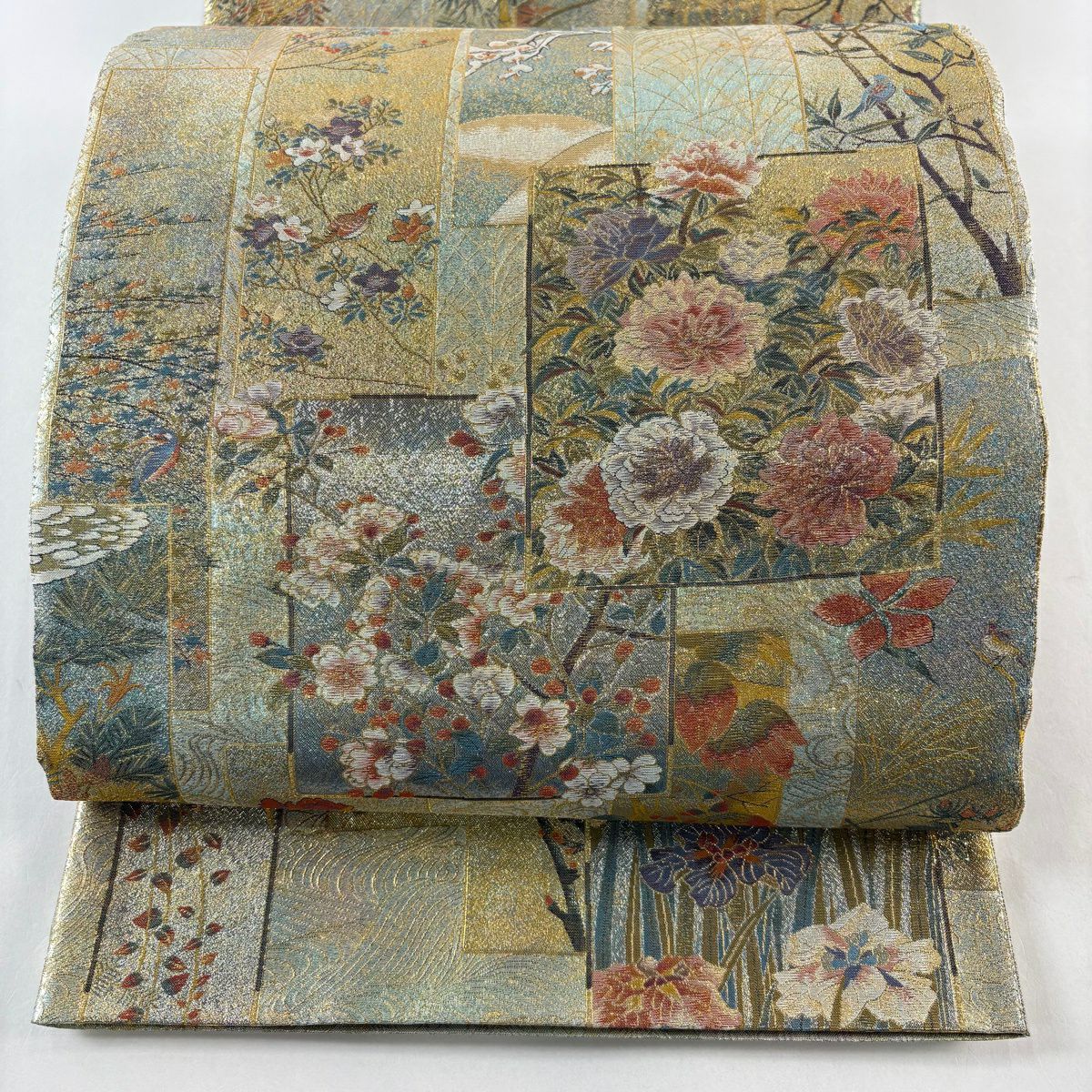 【美品】 袋帶 名品級 鳥 草花紋 金金箔 金線 金色 全通 純蠶絲