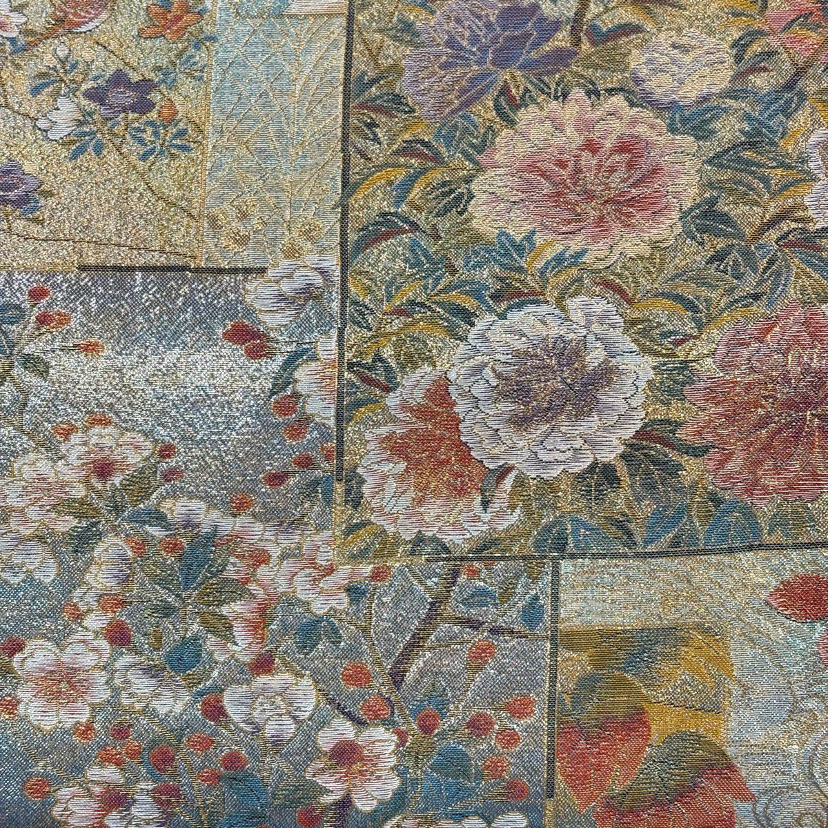 【美品】 袋帶 名品級 鳥 草花紋 金金箔 金線 金色 全通 純蠶絲