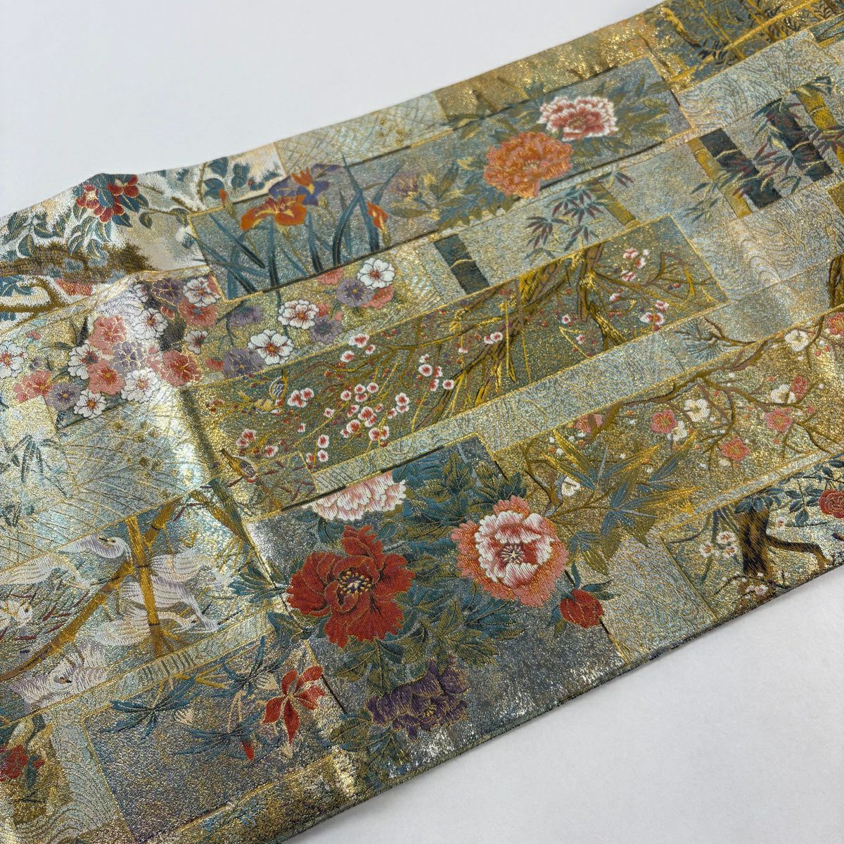 【美品】 袋帶 名品級 鳥 草花紋 金金箔 金線 金色 全通 純蠶絲