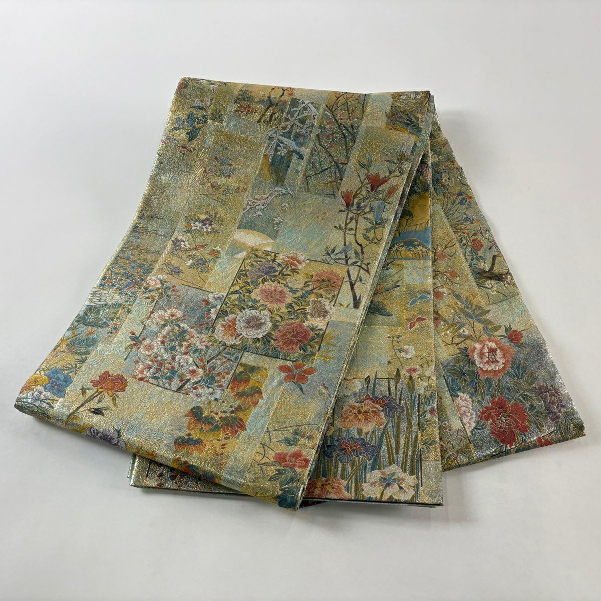 【美品】 袋帶 名品級 鳥 草花紋 金金箔 金線 金色 全通 純蠶絲