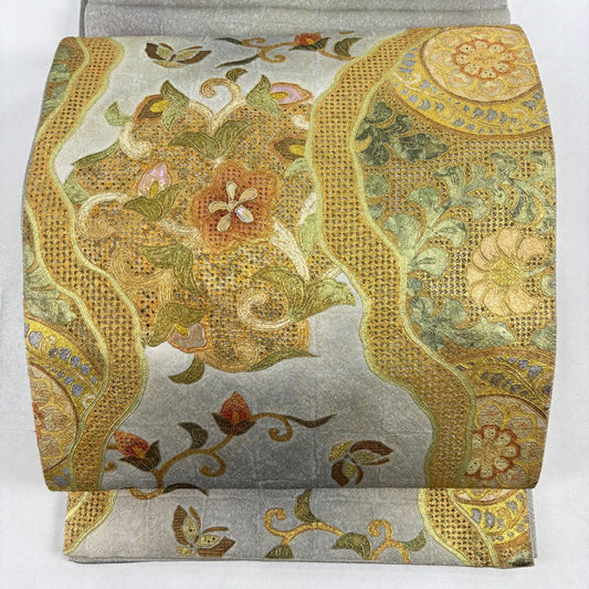 袋帶 名品級 花唐草紋 蝶 刺繡 螺鈿 灰綠 お太鼓柄 純蠶絲