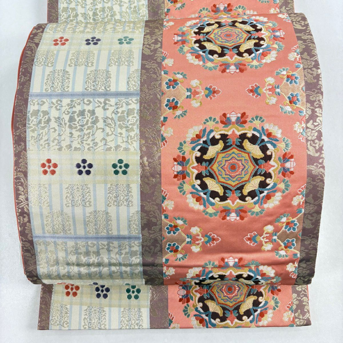 【美品】 袋帶 名品級 證書齊全 華紋 花唐草紋 唐織 金金箔 鮭粉色 六通 純蠶絲