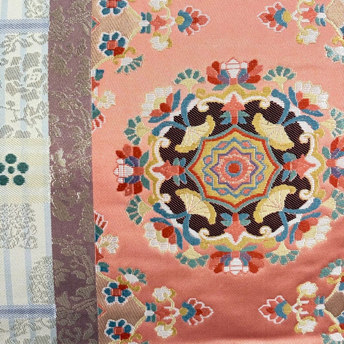 【美品】 袋帶 名品級 證書齊全 華紋 花唐草紋 唐織 金金箔 鮭粉色 六通 純蠶絲
