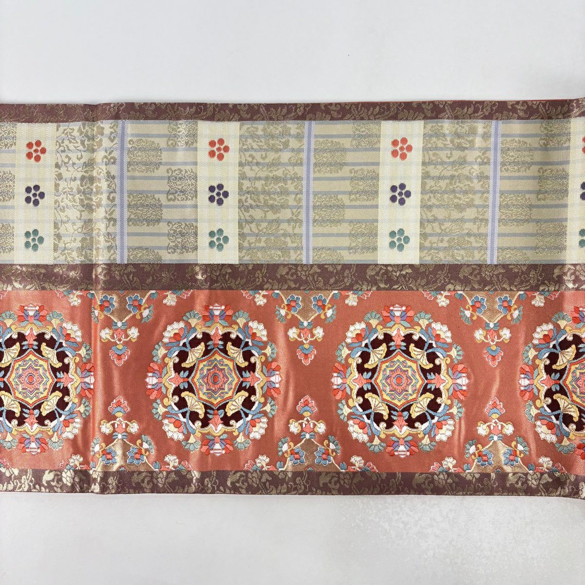 【美品】 袋帶 名品級 證書齊全 華紋 花唐草紋 唐織 金金箔 鮭粉色 六通 純蠶絲