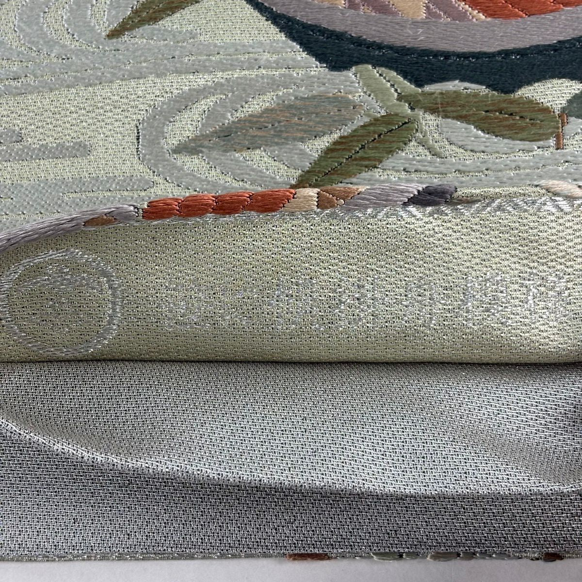 【美品】 袋帶 名品級 竹子葉與帆船圖案 唐織 金金箔 灰綠 六通 純蠶絲