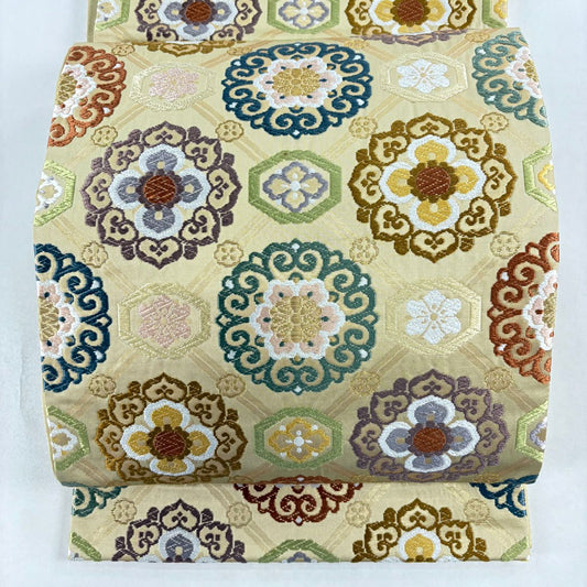 袋帶 名品級 華紋 蜀江文 唐織 金金箔 米色 六通 純蠶絲