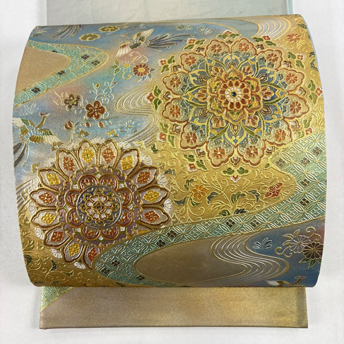 【美品】 袋帶 名品級 華紋 花鳥 金銀彩 漸變 金色 大鼓圖案 純蠶絲