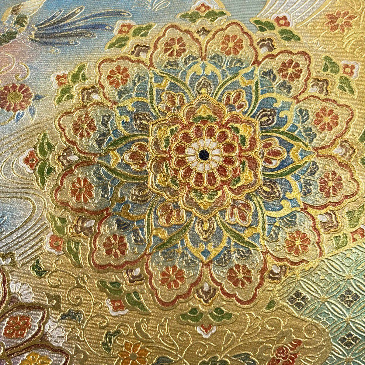 【美品】 袋帶 名品級 華紋 花鳥 金銀彩 漸變 金色 大鼓圖案 純蠶絲
