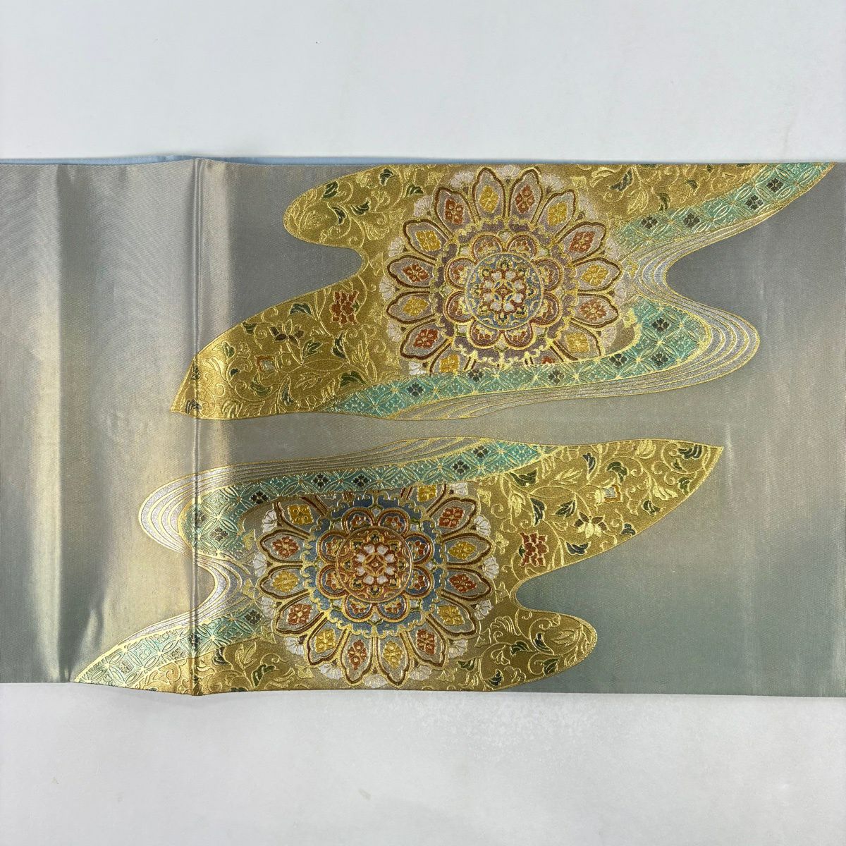 【美品】 袋帶 名品級 華紋 花鳥 金銀彩 漸變 金色 大鼓圖案 純蠶絲