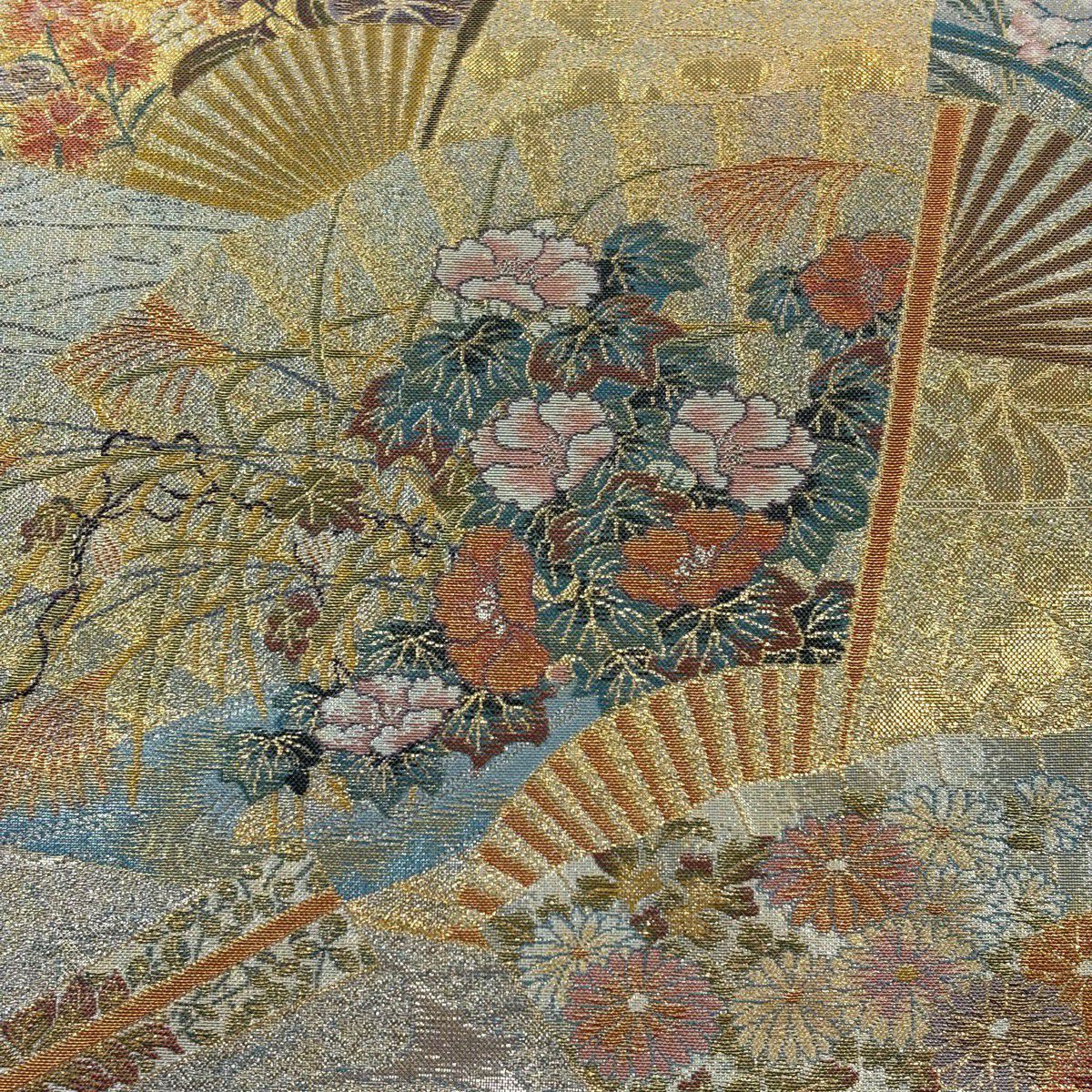 【美品】 袋帶 名品級 琳派三十六華扇子 扇子 草花紋 金金箔 薄綠 六通 純蠶絲